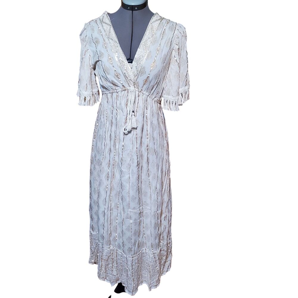 Me 2 Magic Anthropologie Boho Maxi Dress Sz S Ivory & Gold Metallic Embroidered